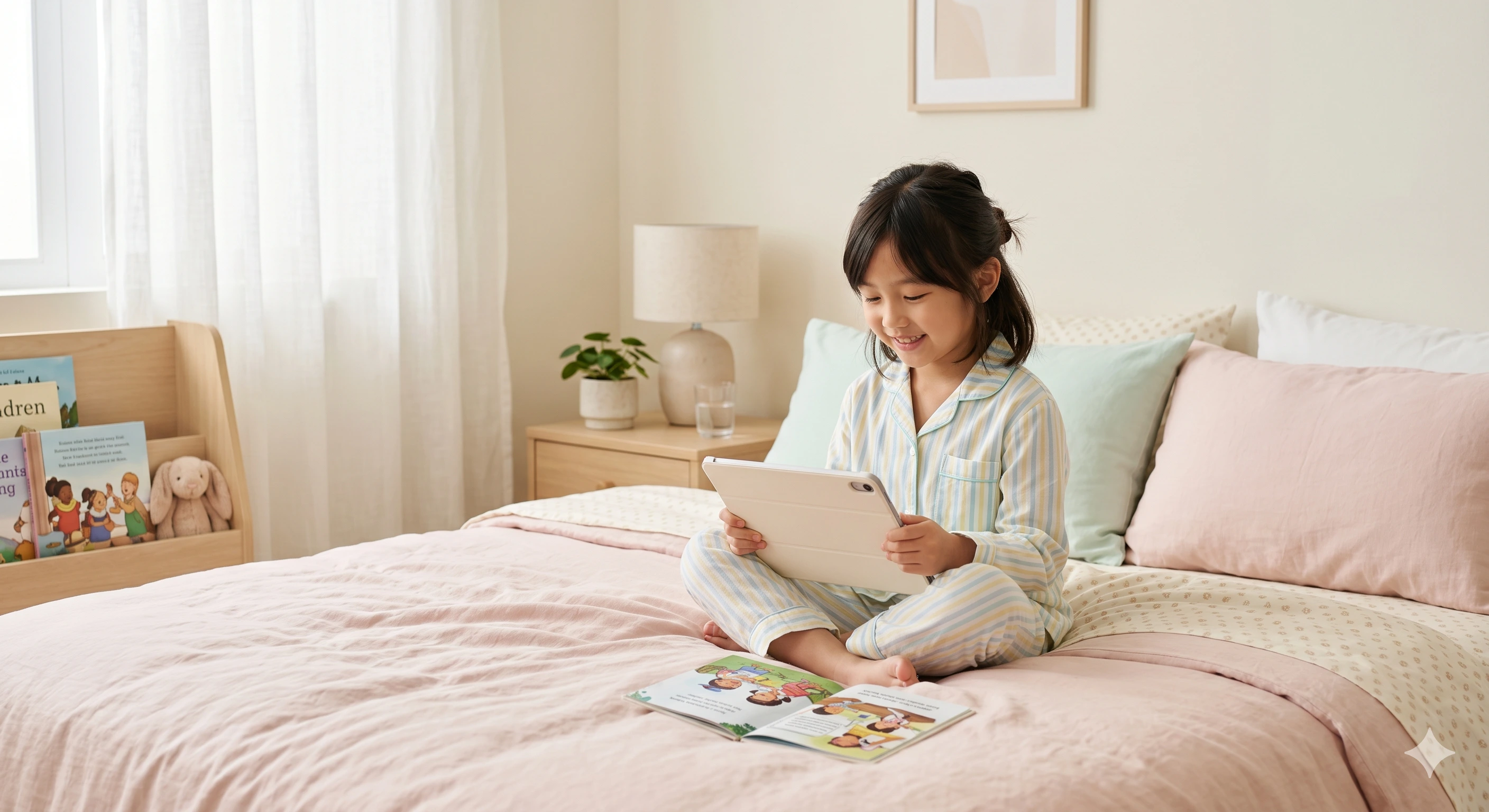 Child reading a storybook in bed